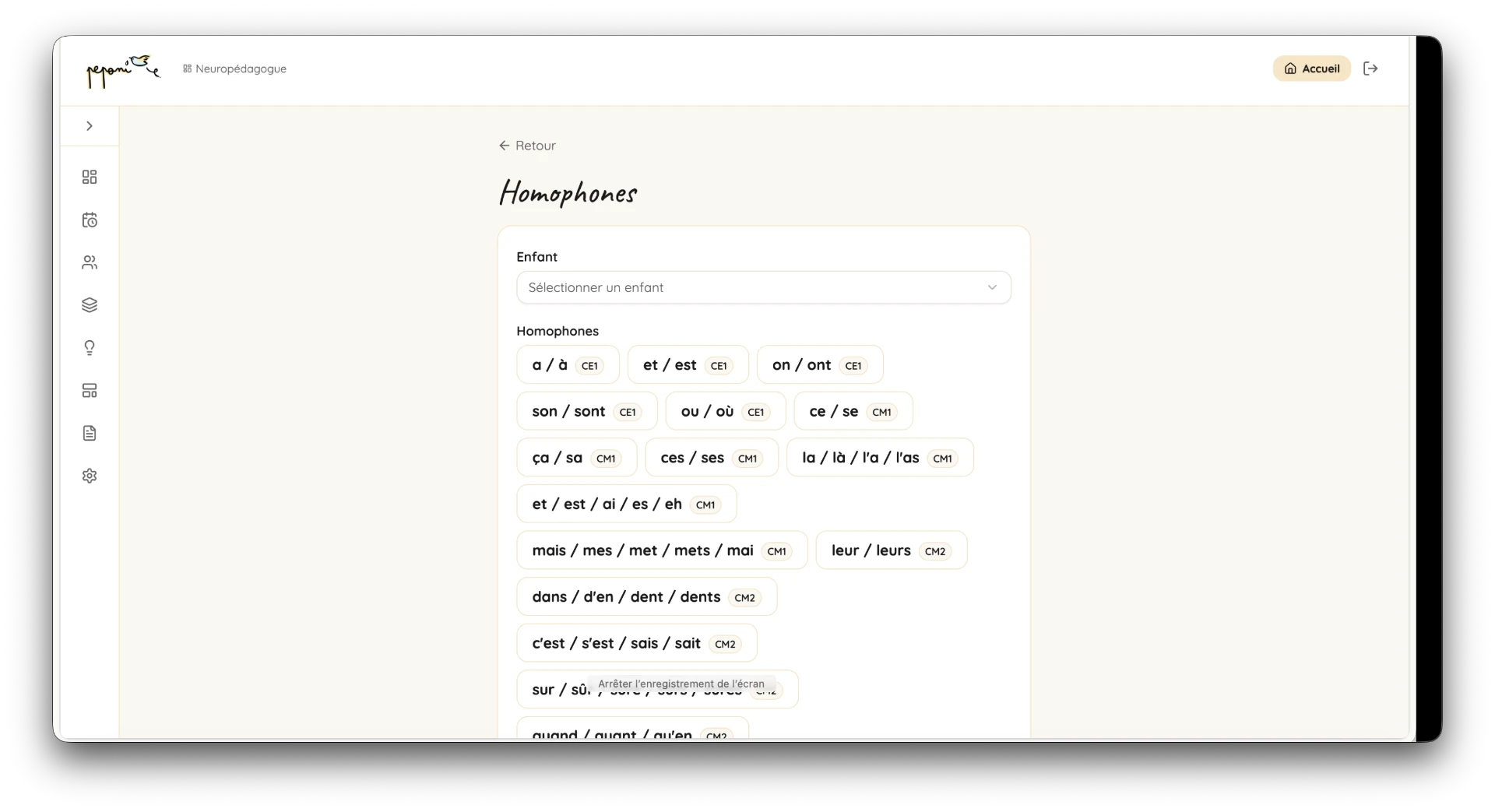 Écran du neuropédagogue pour choisir des homophones à travailler avec un enfant