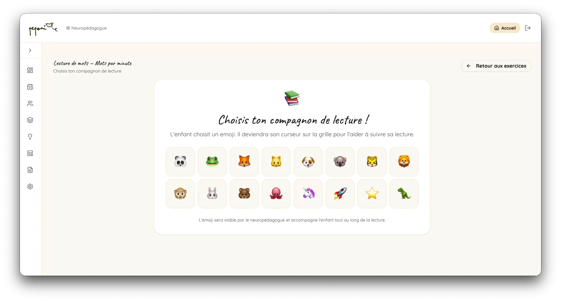 Écran où l'enfant choisit son compagnon de lecture parmi des emojis