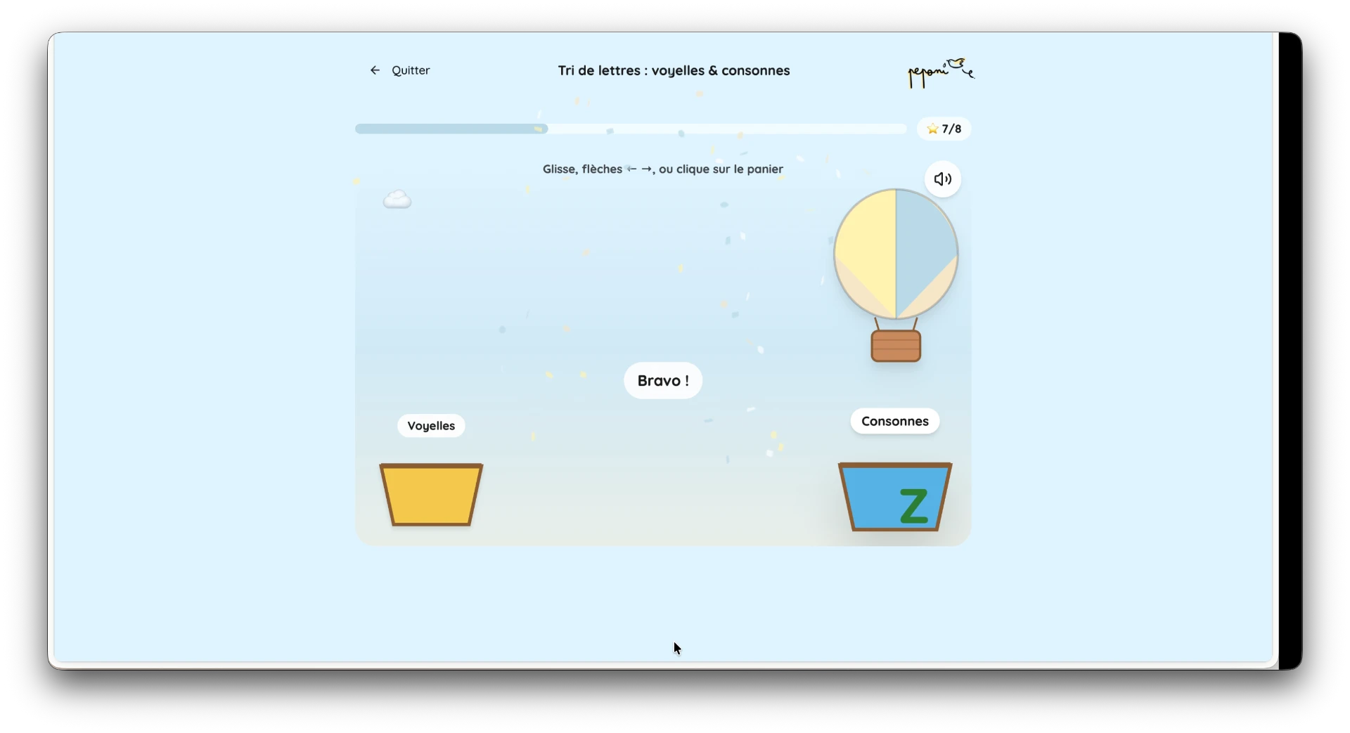 Activité de tri des lettres entre voyelles et consonnes sur la plateforme Peponi